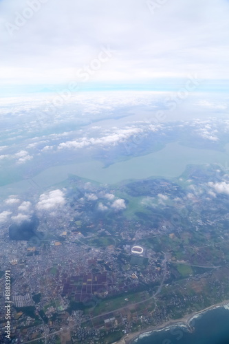 The Kasumigaura vicinity which looks dim by the rainy season air. Japan seen from the sky.
