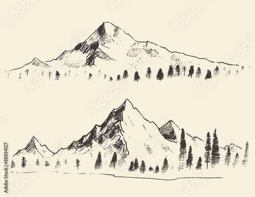 Mountains sketch contours engraving drawn vector