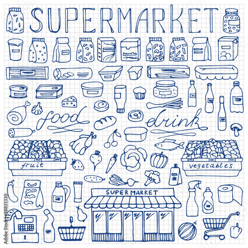 Supermarket hand drawn doodle set