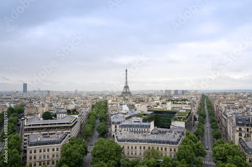 Eiffel Tower with Paris skyline view from the Arc de Triomphe in