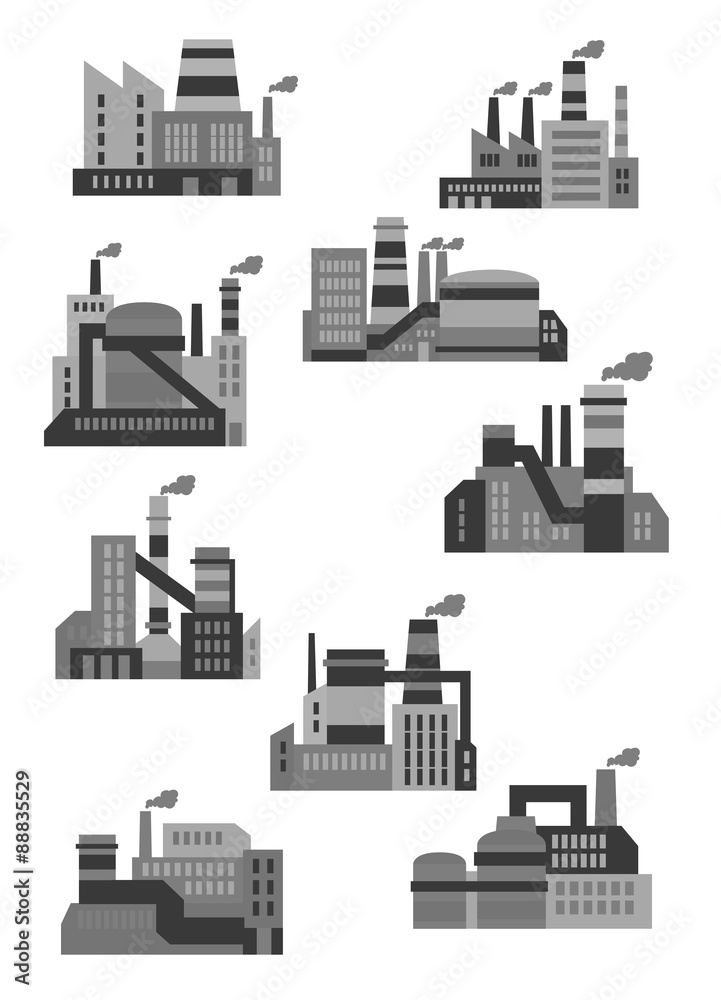 Flat plants and factories icons