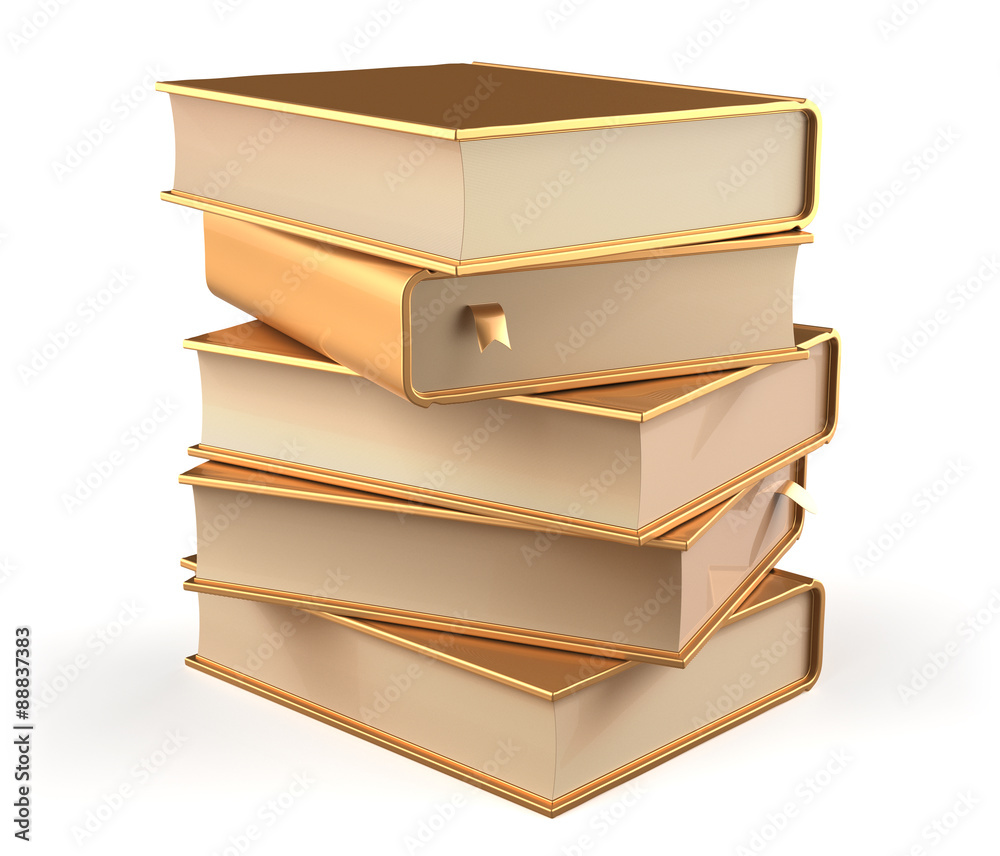 Book five textbooks golden stack of books covers gold blank Stock