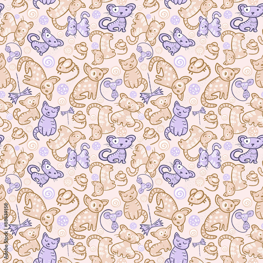 cats and mouses seamless doodle pattern.