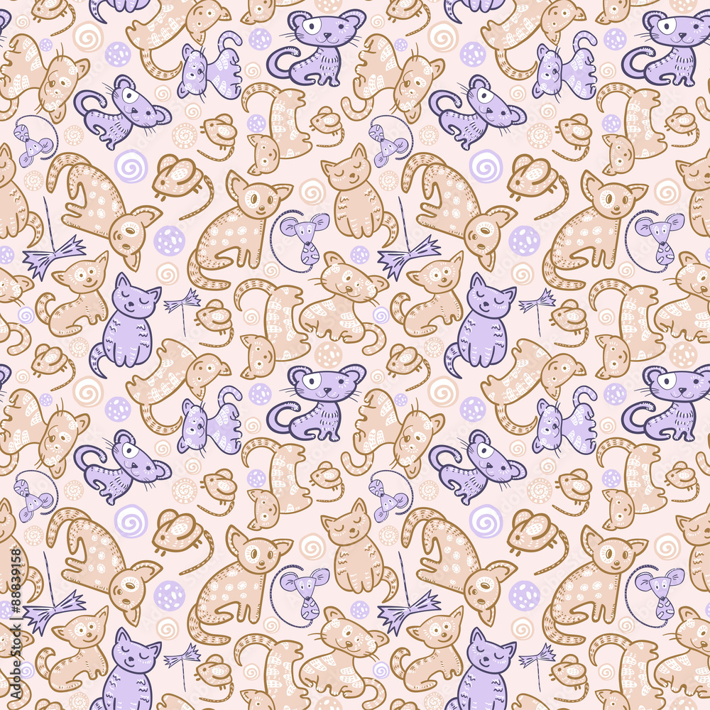 cats and mouses seamless doodle pattern. cats and mouses seamless doodle pattern.