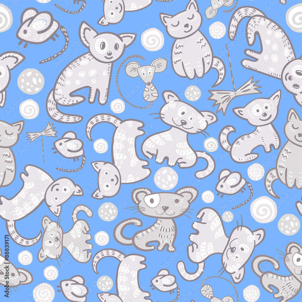 Fototapeta premium cats and mouses seamless doodle pattern.