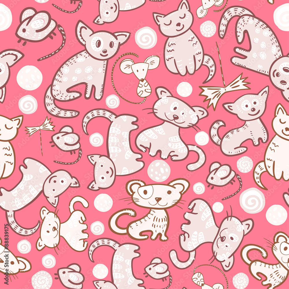 cats and mouses seamless doodle pattern.