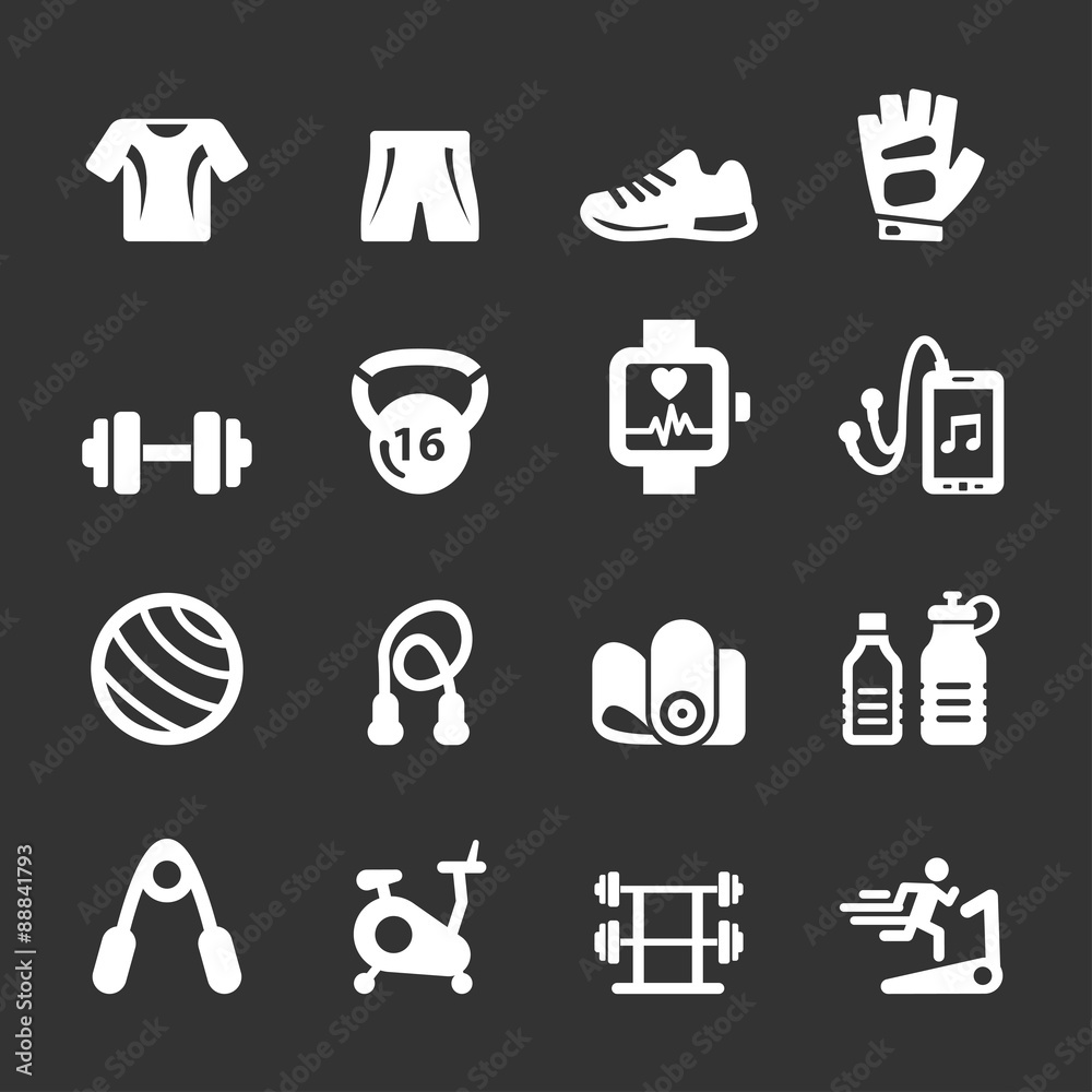 healthy fitness equipment icon set, vector eps10 healthy fitness equipment icon set, vector eps10