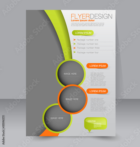 Flyer template. Business brochure. Editable A4 poster for design, education, presentation, website, magazine cover. Green and orange color.