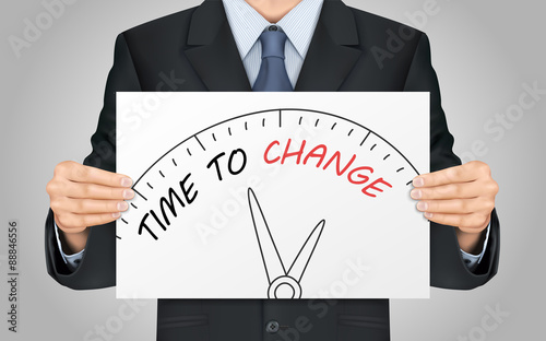 businessman holding time to change poster