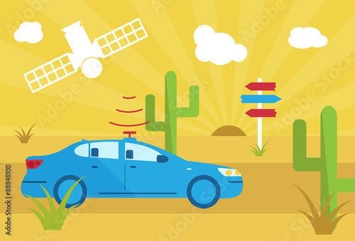 Fototapeta Naklejka Na Ścianę i Meble -  selfdriving car with navigation sensor and satelite in desert flat vector illustration