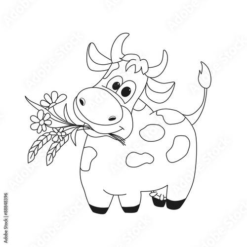 Outline illustration of cute cow with flowers.