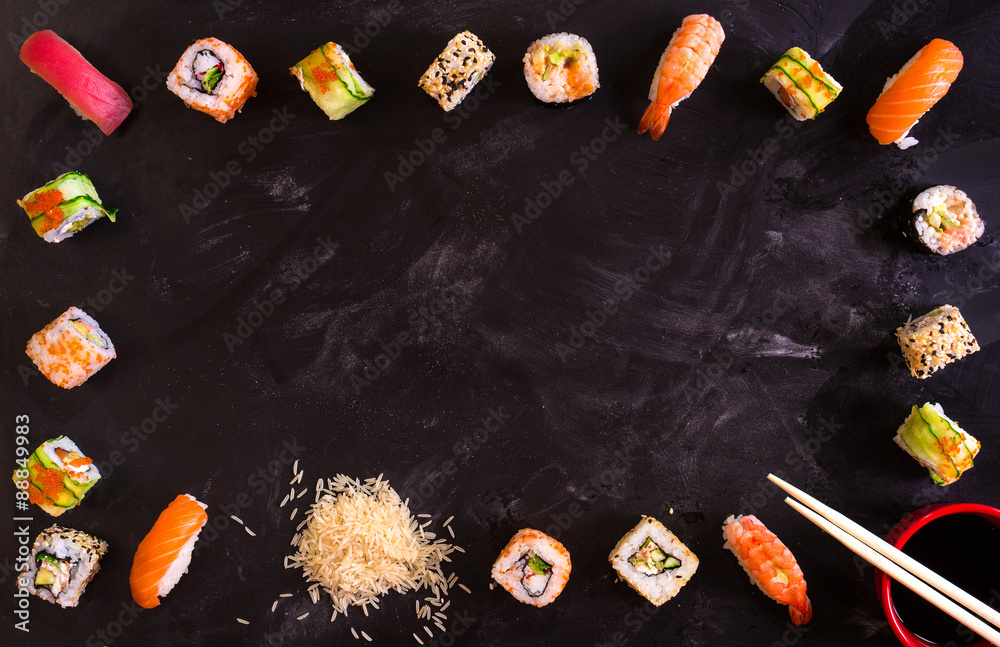Sushi set on dark background. Minimalism Stock-Foto | Adobe Stock
