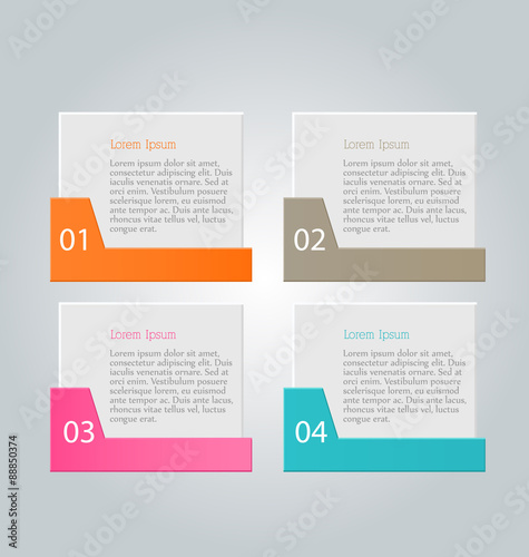 Business infographics template for presentation, education, web design, banners, brochures, flyers. Orange, brown, pink, blue color tabs. Vector illustration.