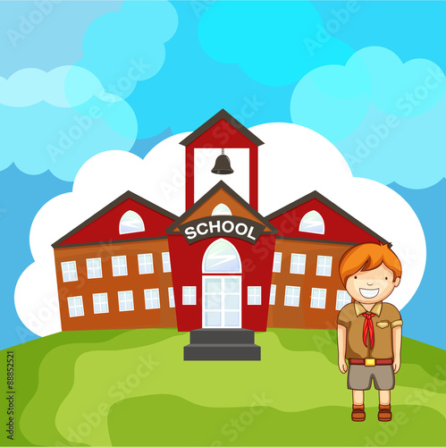 Illustration of a school building with student.