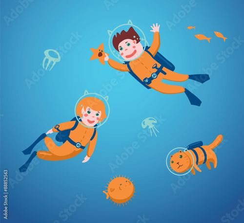 Boy and girl are swimming with a scuba diving. 