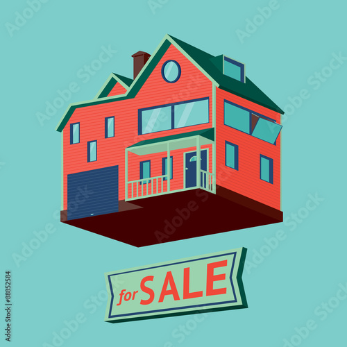 House for sale. Vector illustration of the cottage with a for sale sign.