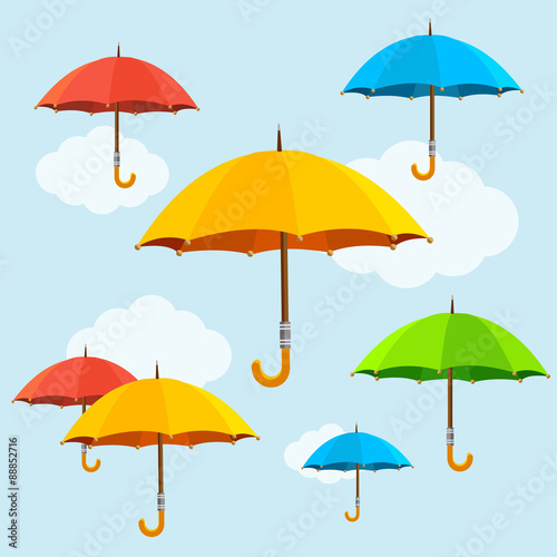 Vector colorful umbrellas fly background. Flat design style