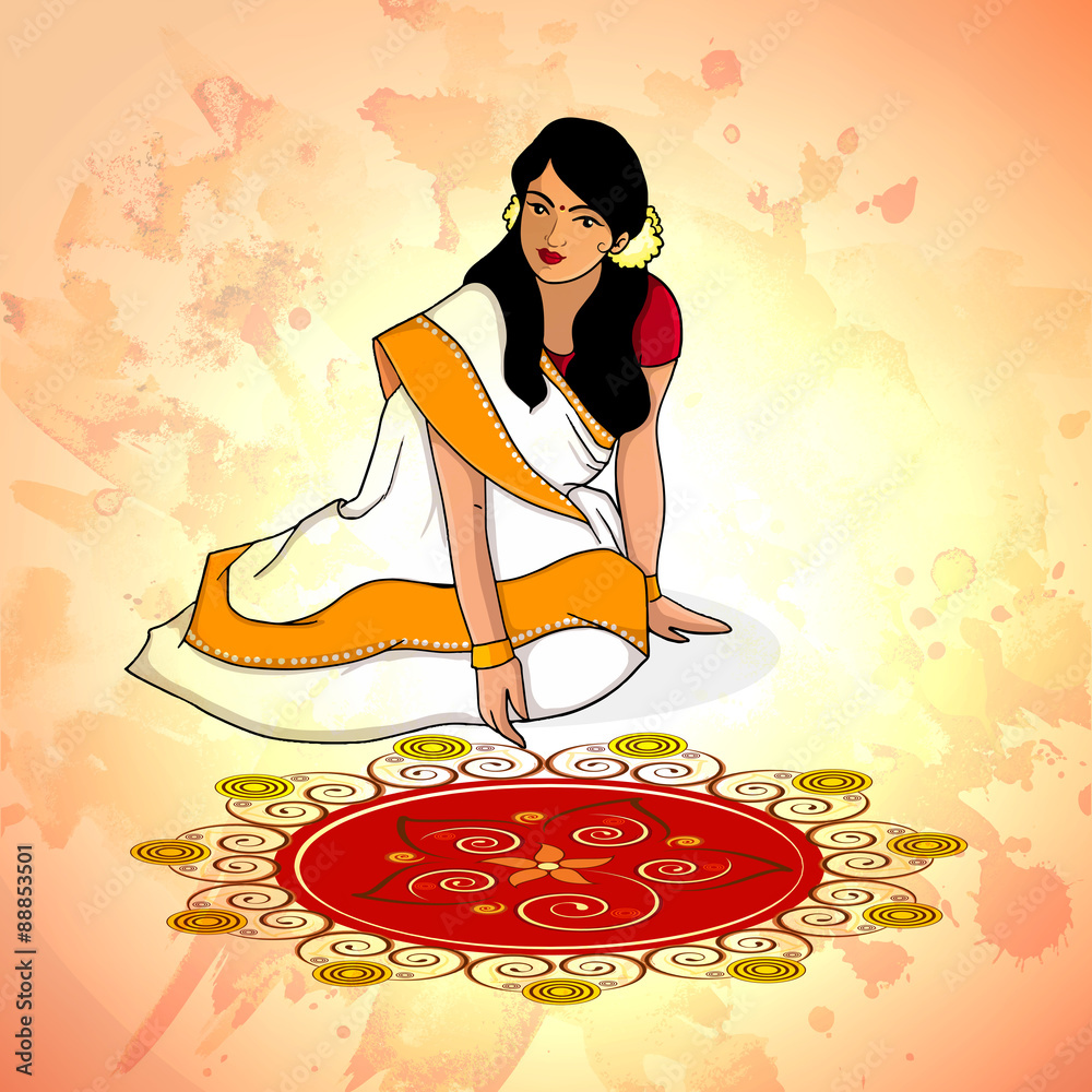 Young girl making rangoli for Onam celebration. Stock Vector Adobe Stock
