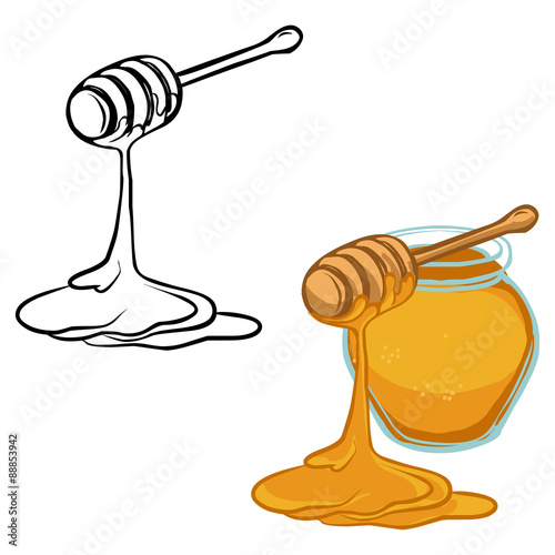 glass of honey, bank of honey, wooden honey dipper and honeycomb
