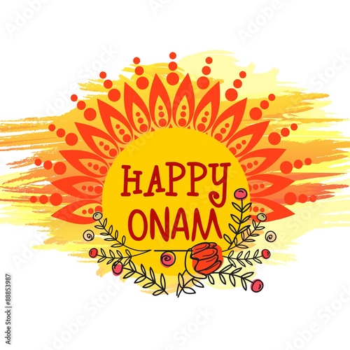 Floral greeting card for Happy Onam celebration.