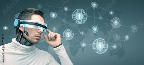 man with futuristic 3d glasses and sensors