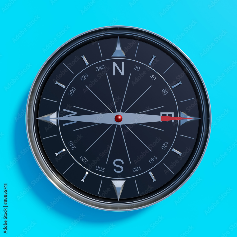 compass pointing east. top view 3d render compass pointing east. top view 3d render