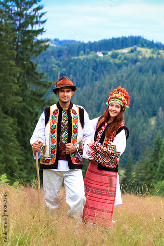 couple in traditional hutsul costumes in western ukraine