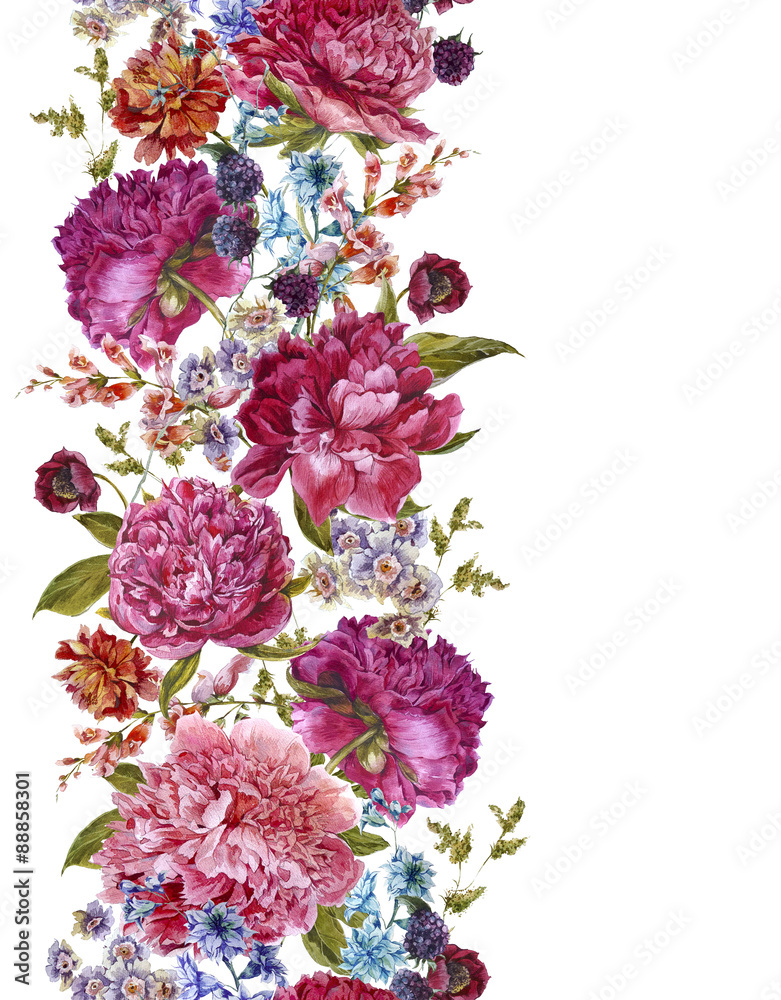Floral Seamless Watercolor Border with Burgundy Peonies