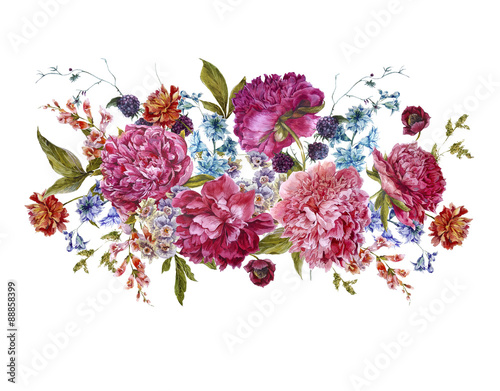 Fototapeta Naklejka Na Ścianę i Meble -  Watercolor Floral Bouquet with Burgundy Peonies in Vintage Style