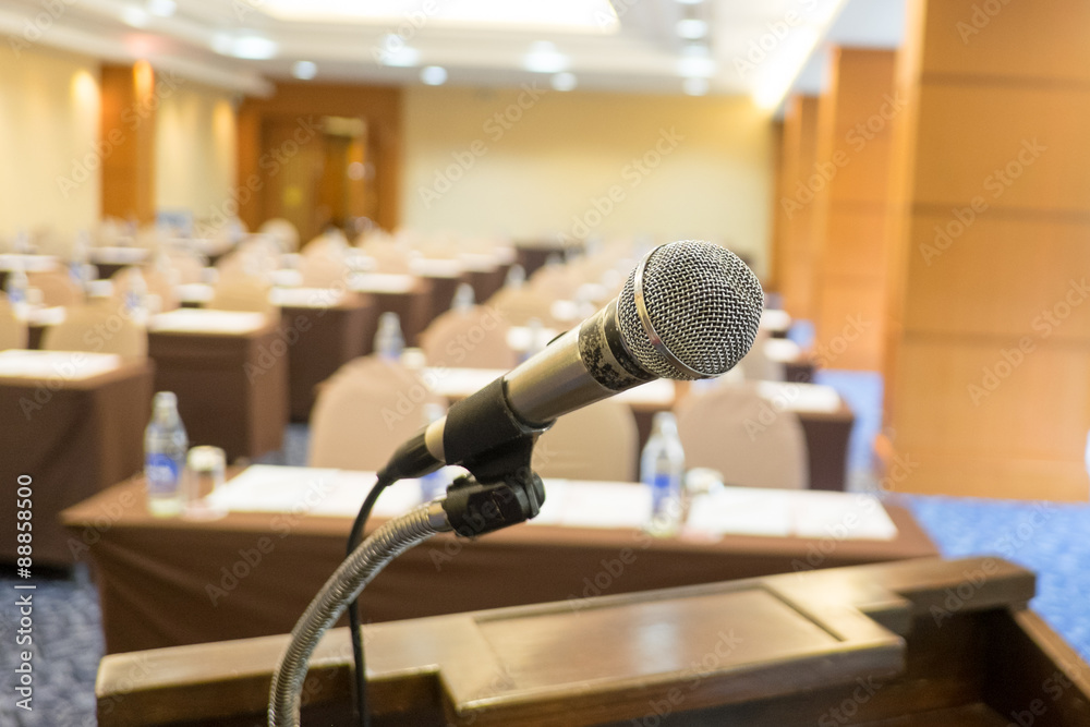 Fotografie Close up microphone at seminar room