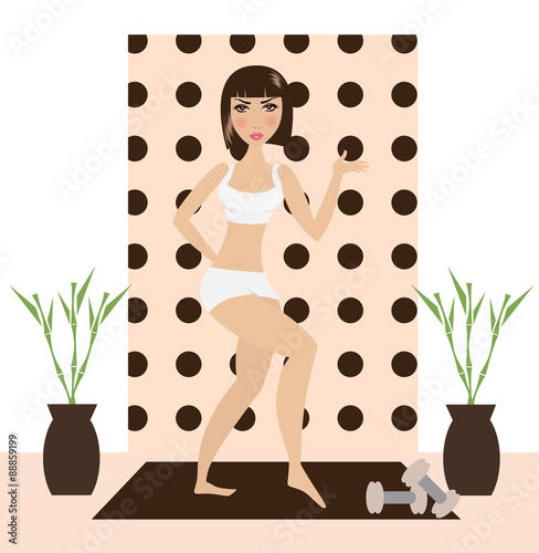 Pretty woman doing exercise in beautiful room.