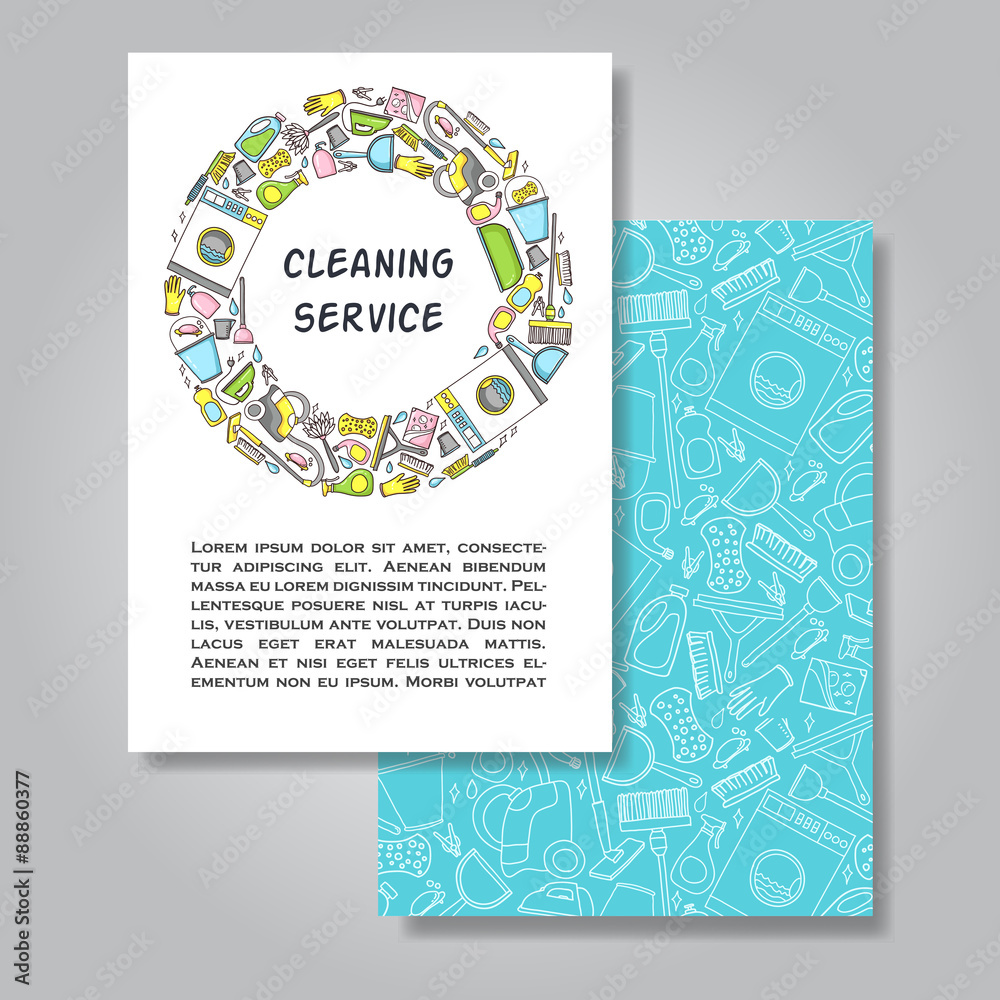Two sides invitation card design with cleaning equipment illustr