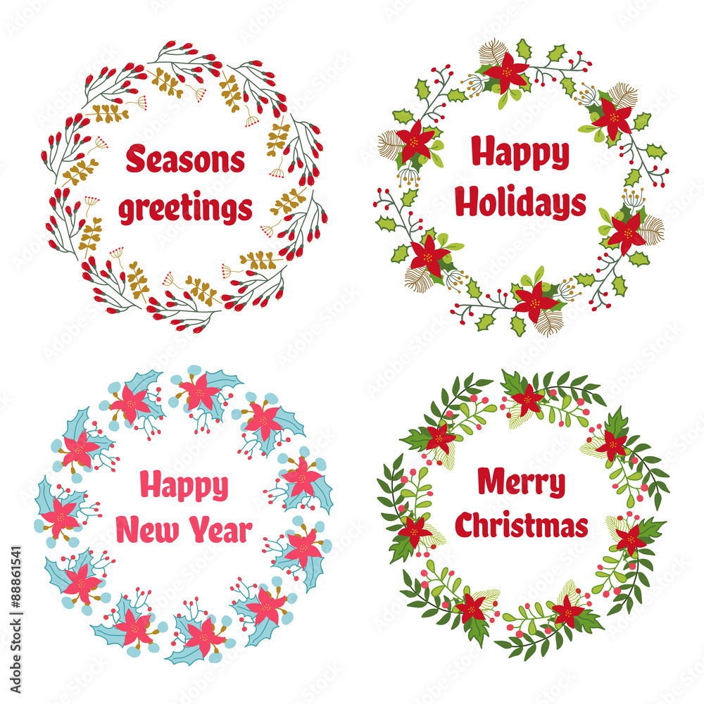 Vector Christmas and New Year wreath set with vintage flowers.
