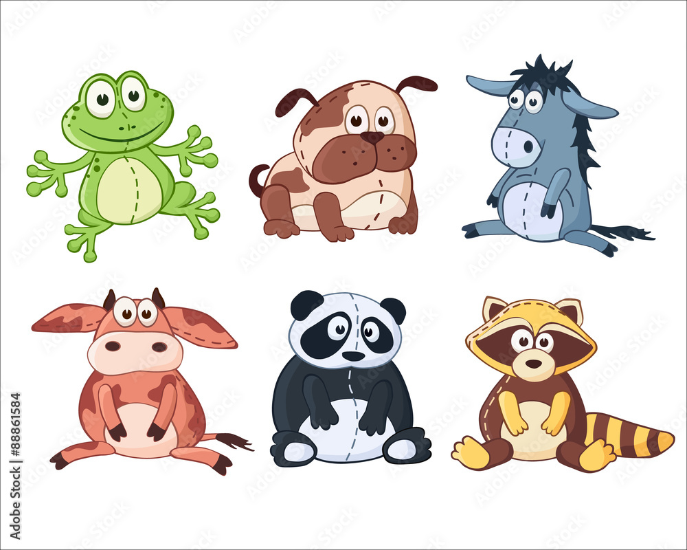 Cartoon stuffed toys. Panda, dog, donkey, cow, raccoon, frog. Stock Vector  | Adobe Stock