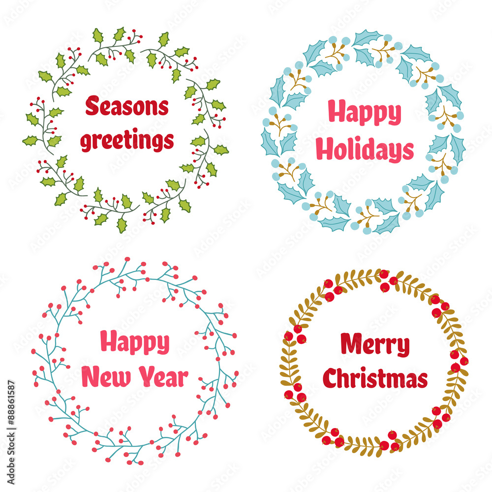 Vector Christmas and New Year wreath set with vintage flowers.