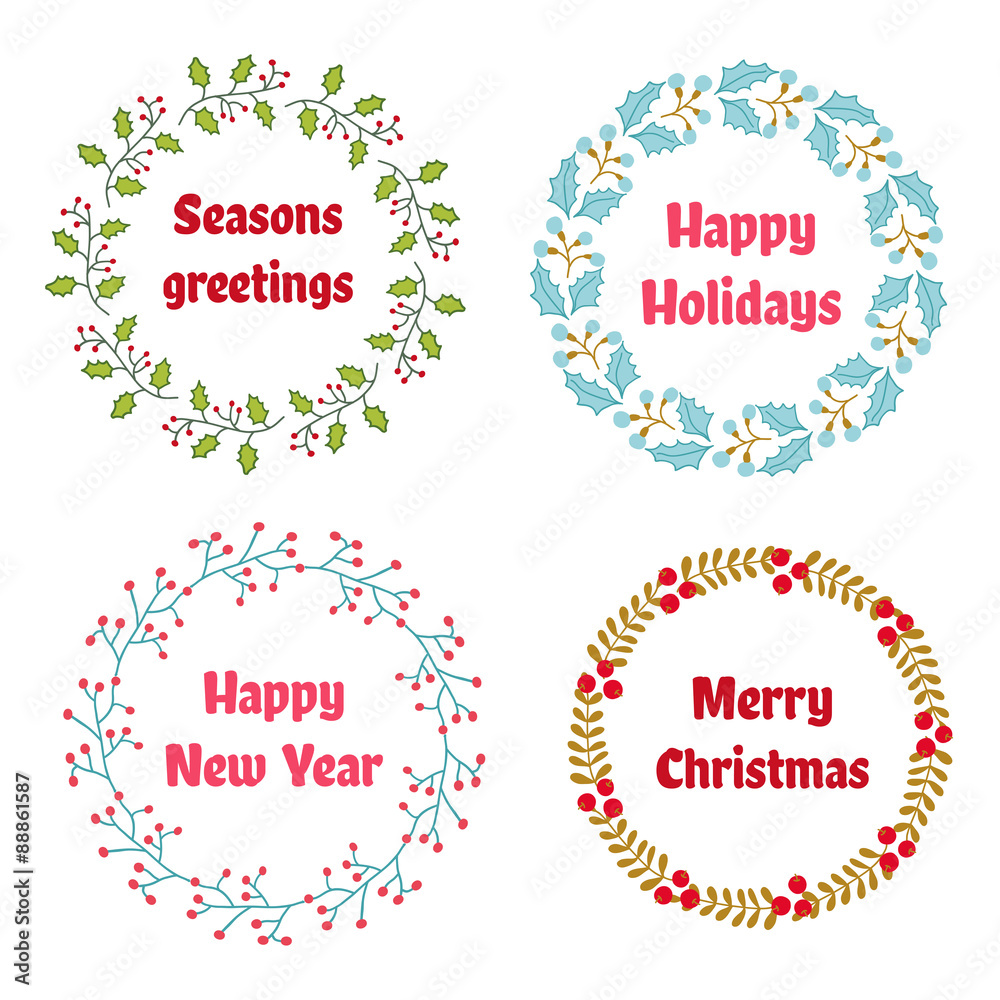 Vector Christmas and New Year wreath set with vintage flowers. Vector Christmas and New Year wreath set with vintage flowers.