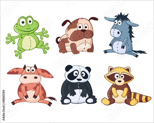 Cartoon stuffed toys. Panda, dog, donkey, cow, raccoon, frog.