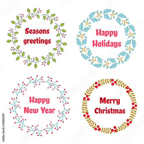 Vector Christmas and New Year wreath set with vintage flowers.