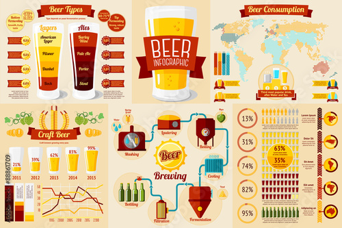 Set of Beer Infographic elements with icons, different charts