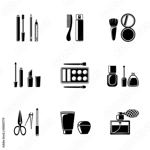 Set of monocrome makeup icons - mascara, polish, powders