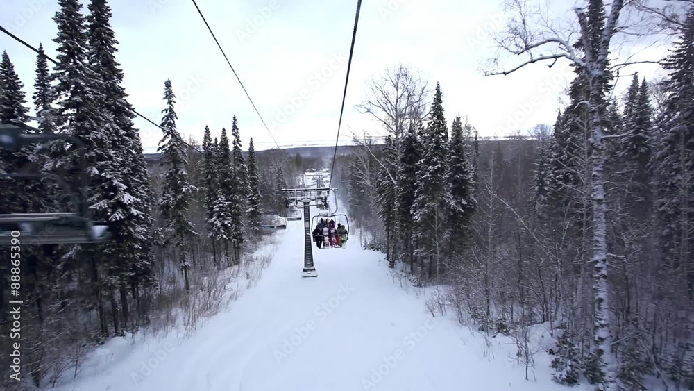 Ski track with chair lift, resort in mountains, Siberia