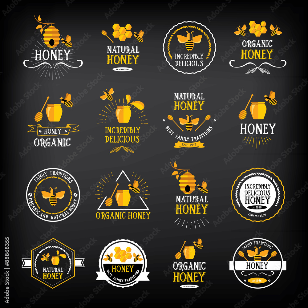 Honey badge and label. Abstract bee design. - obrazy, fototapety, plakaty 
