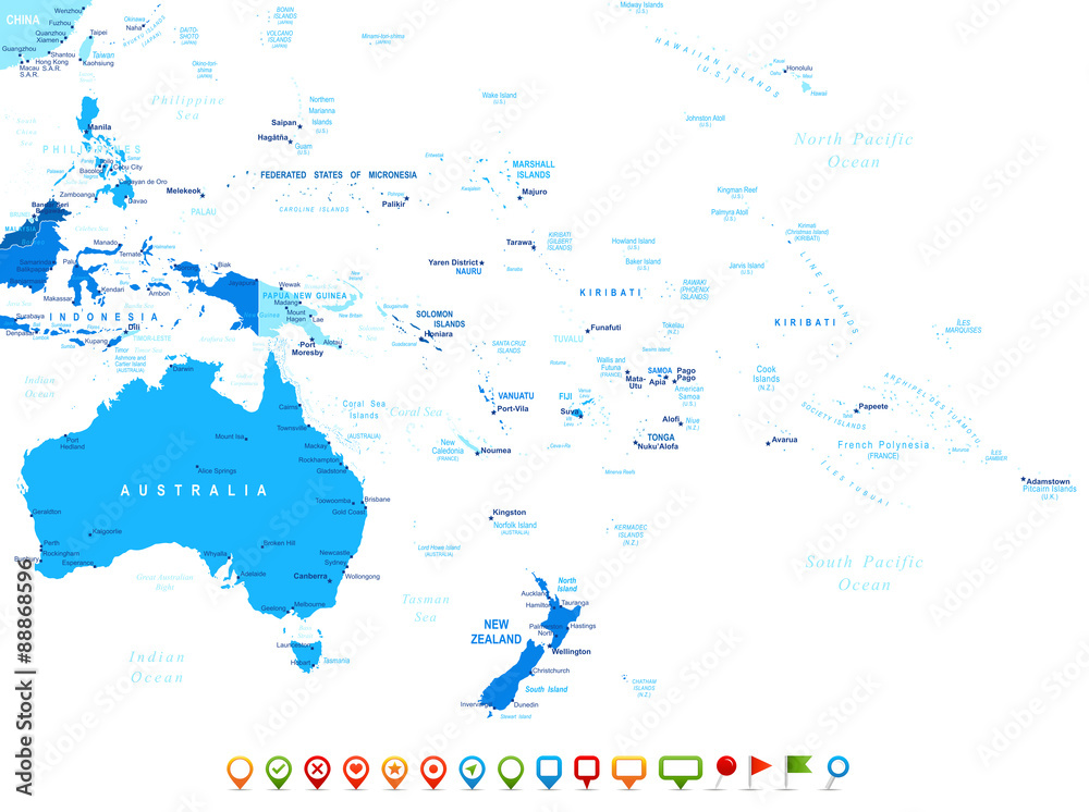 Obraz premium Australia and Oceania map - highly detailed vector illustration. Image contains land contours, country and land names, city names, water object names. - navigation icons 