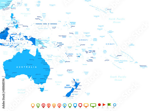 Australia and Oceania map - highly detailed vector illustration. Image contains land contours, country and land names, city names, water object names. - navigation icons 