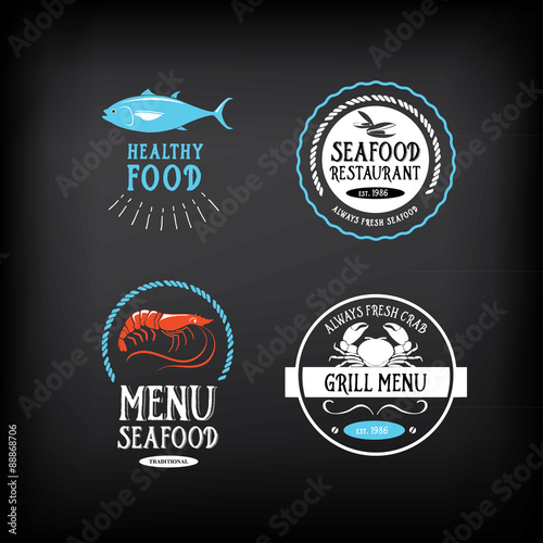 Seafood menu and badges design elements.