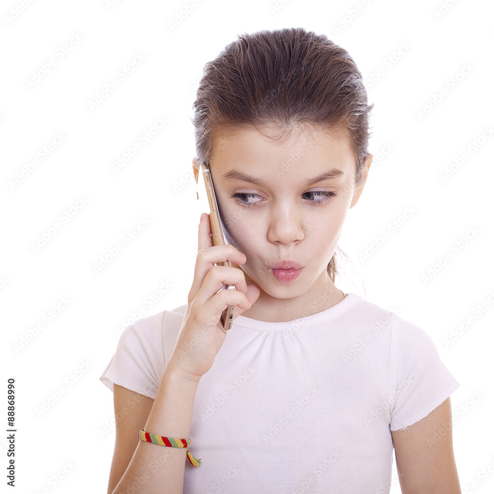 Portrait of brunette Caucasian schoolgirl calling by phone Portrait of brunette Caucasian schoolgirl calling by phone