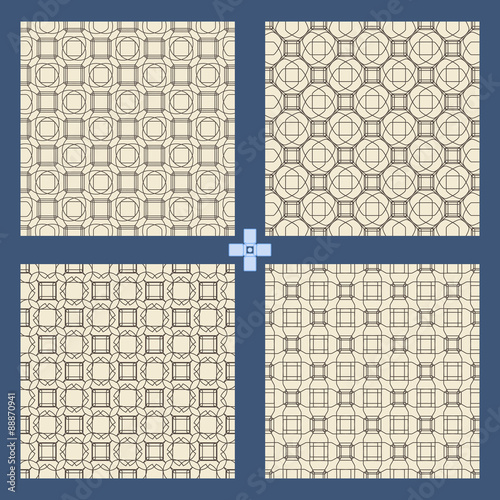 Geometric ornament seamless pattern set.  Textile design template seamless background. Round, polygonal and grunge motif endless texture. Monochrome sample  vector illustration.