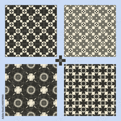 Geometric ornament seamless pattern set.  Textile design template seamless background. Round, polygonal and grunge motif endless texture. Monochrome sample  vector illustration.