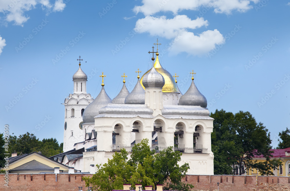 Great Novgorod. The Kremlin wall and Saint Sophia cathedral. Russia..