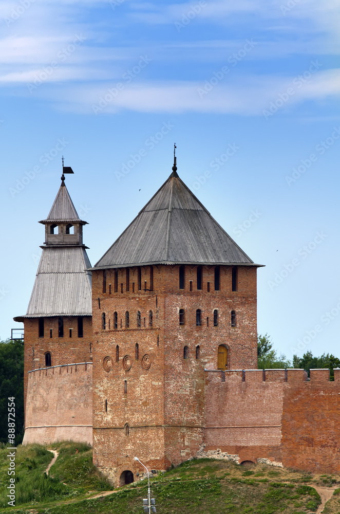 Great Novgorod. The Kremlin wall with towers. Russia..